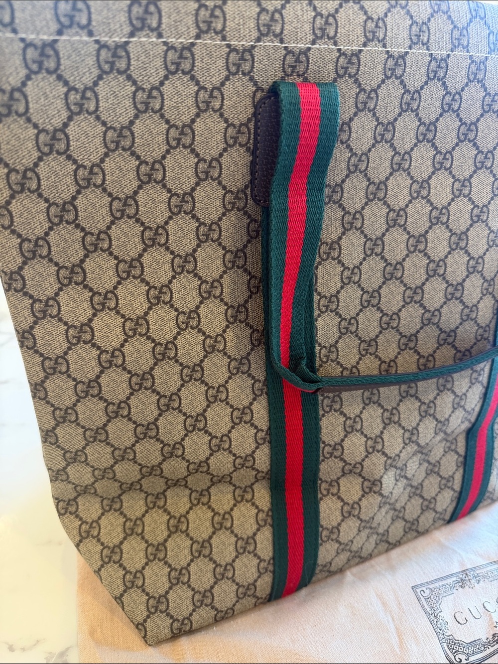 “Gucci” Beige GG Canvas Tote with Green and Red Web Straps - Picture 3 of 11